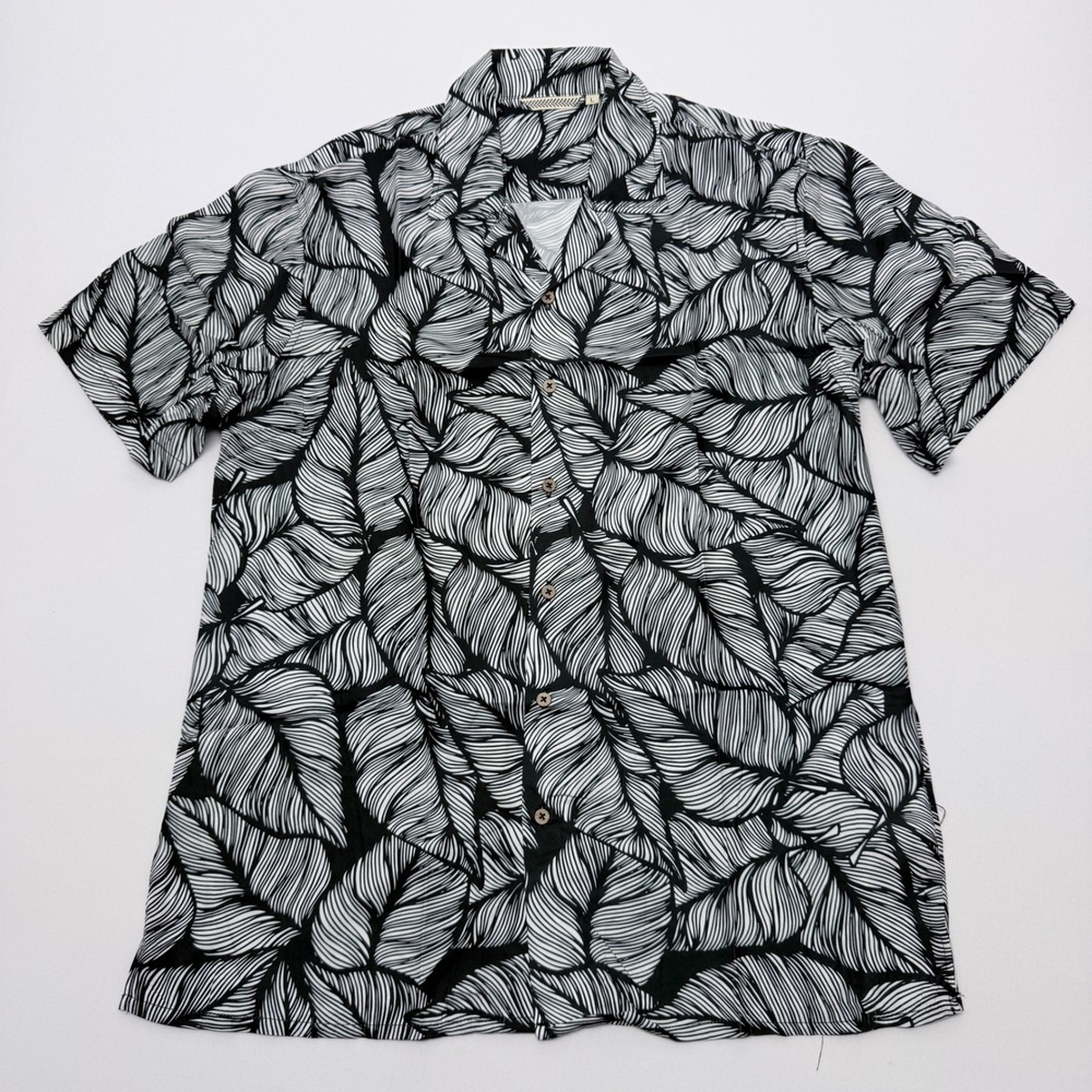Mens Black White Tropical Leaf Print Short Sleeve Button Down Shirt Large